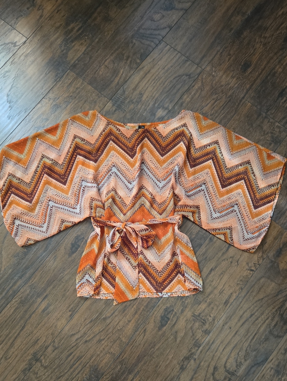 Orange, Brown, & Cream Chevron Tie-Waist Kimono Tunic By Kay Celine. Size S.